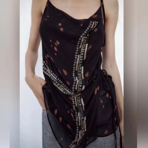 Zara Black Loose Bohemian Beaded Tie Strappy Top NWT A7 - Picture 1 of 6